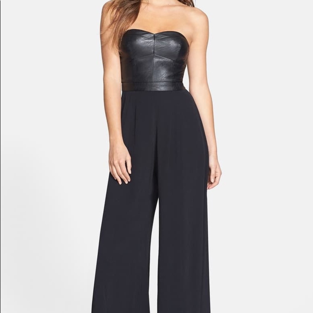 Astr faux leather black strapless jumpsuit